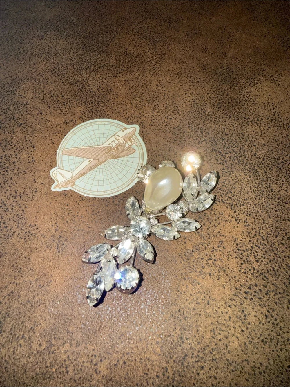 Crystal and Pearl Teardrop Brooch - Clear
